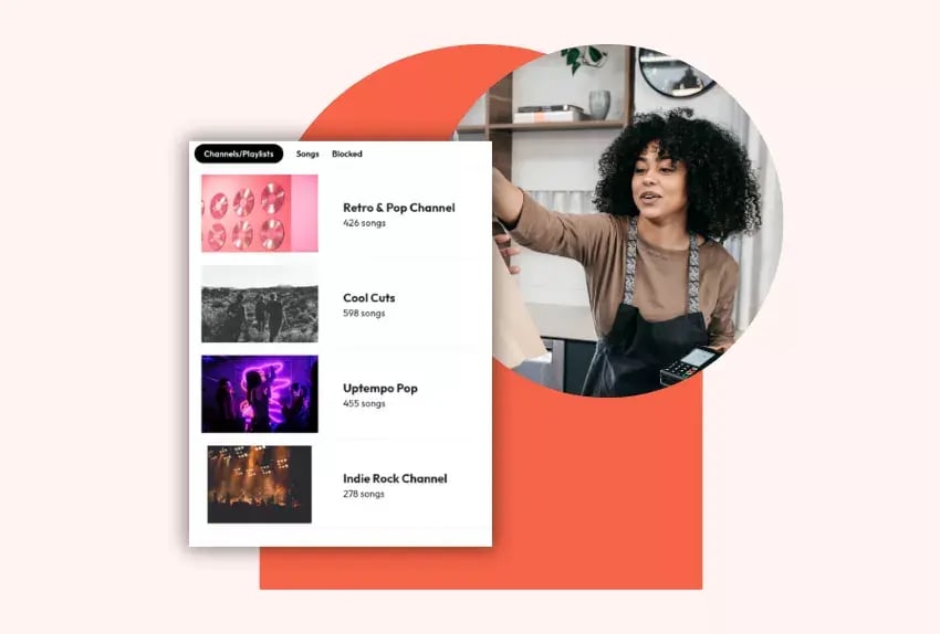 Music channel dashboard displayed beside a shop employee.