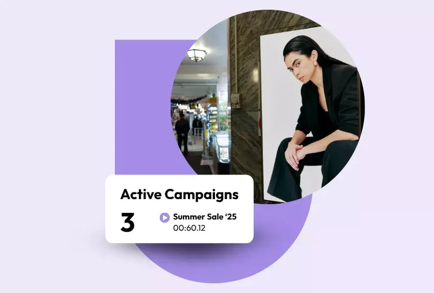 Retail campaign preview with marketplace scene and model image in circular layout.