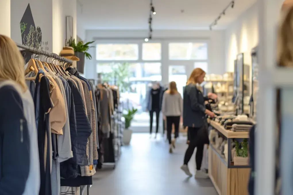 Clothing store interior with customers browsing.